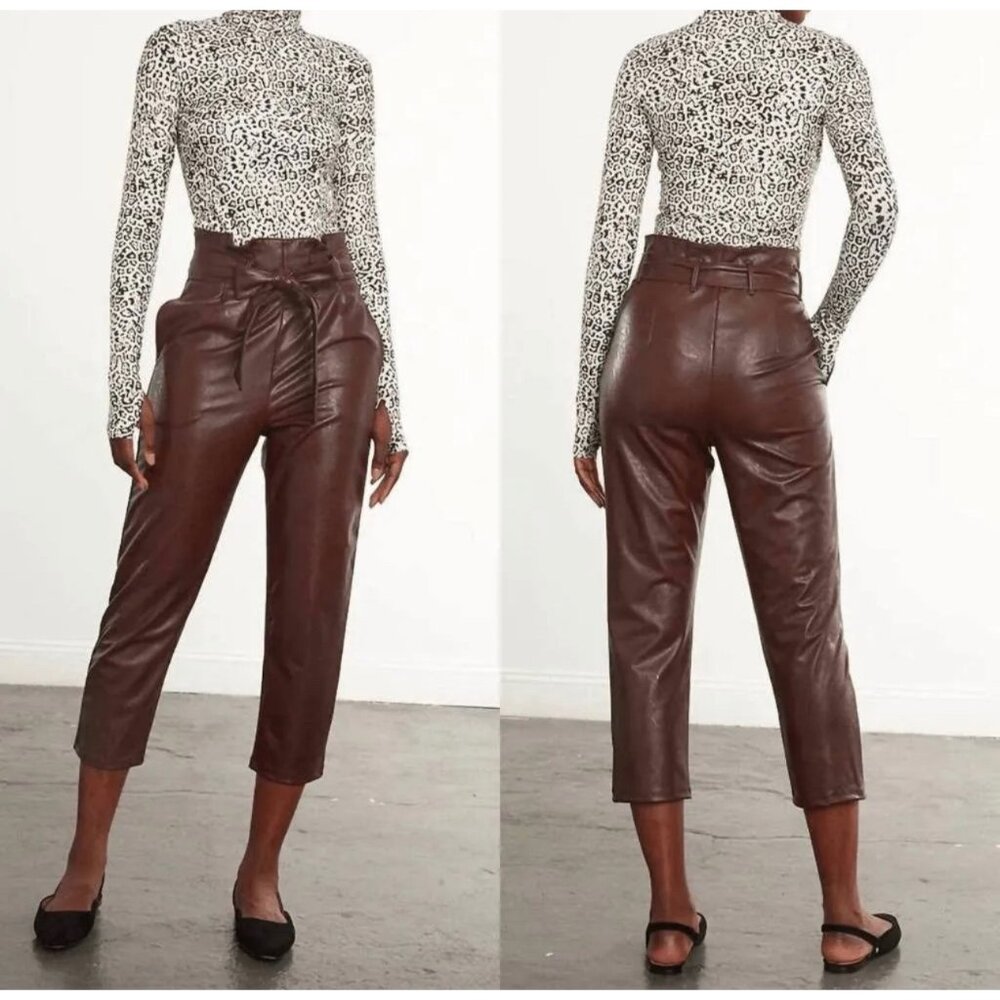 Commando Faux Leather Paperbag Pants Women Medium Brown High Rise Cropped Belted